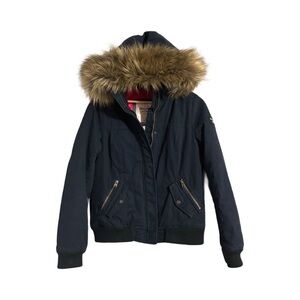 Vintage Y2K Navy Cotton Abercrombie Fitch jacket w pink lining & Faux Fur Hood L